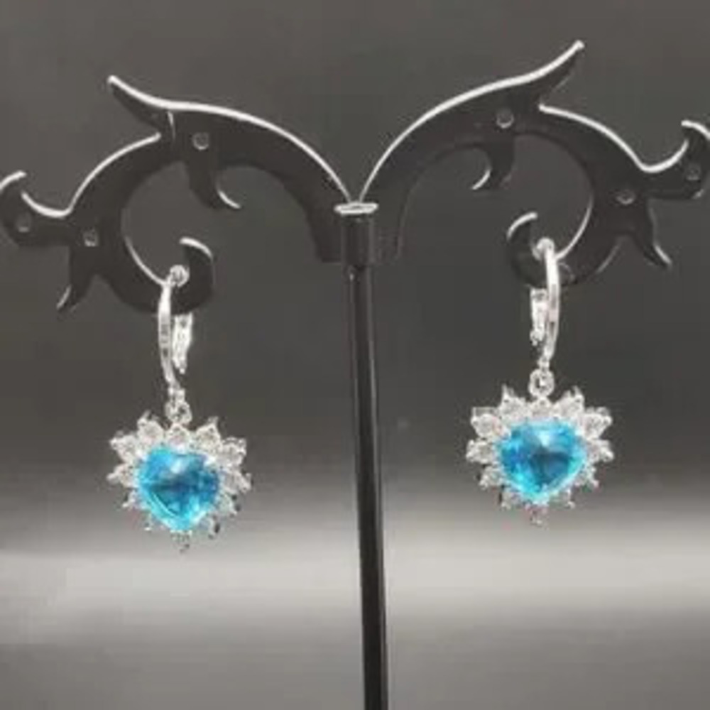 925 Silver Blue Lab Aquamarine & CZ Diamond Heart Earrings BOHO Fashion Gift NEW